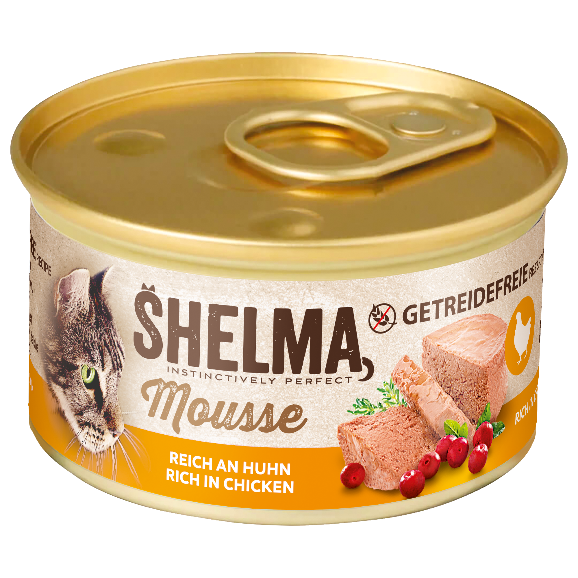 Mousse für Katzen, reich an Huhn, mit Cranberry und Thymian